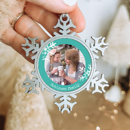 Groene Sneeuwvlok Aangepaste Foto Monogram Tin Sneeuwvlok Ornament