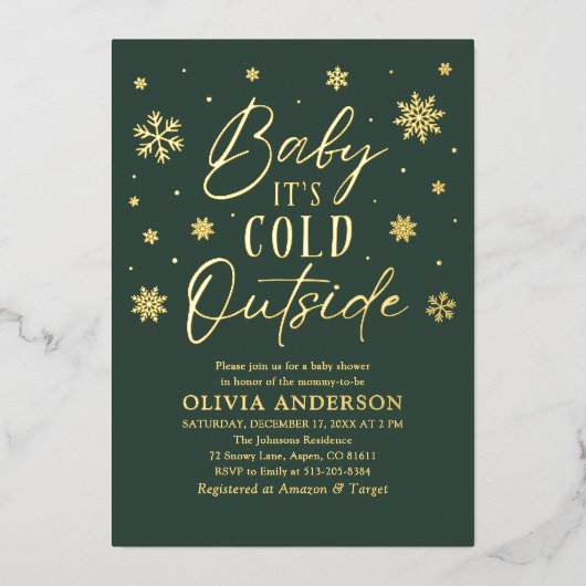 Groene sneeuwvlok Baby Het is koud buiten Baby sho Folie Uitnodiging (Voorkant)