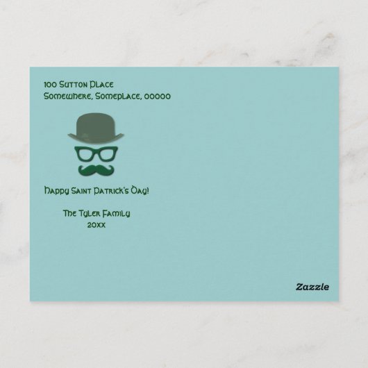 Groene snor, bril en derby pet briefkaart (Achterkant)