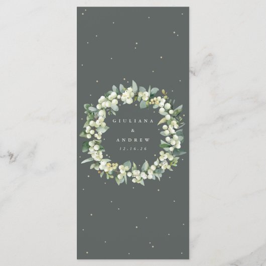 Groene Snowberry+Eucalyptus 4 gangen Bruiloft Flat Menu (Achterkant)