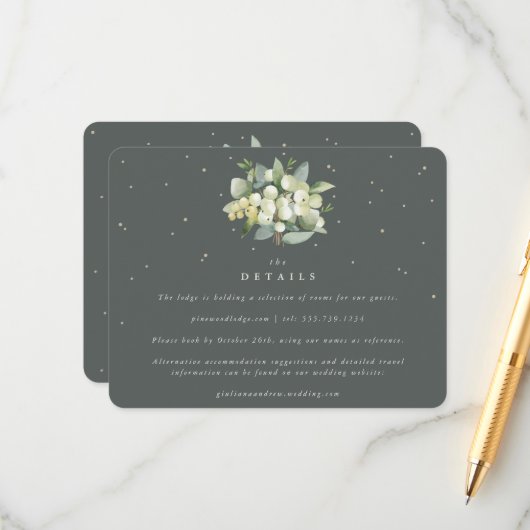 Groene Snowberry+Eucalyptus Boeket Bruiloft Detail Informatiekaartje (Voorkant / Achterkant in situ)