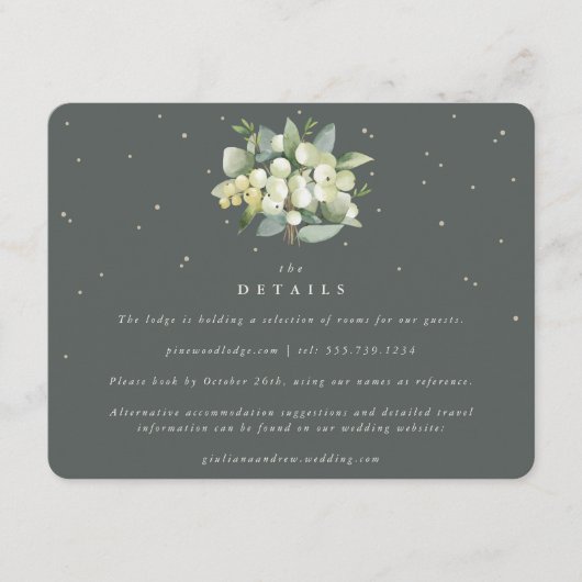 Groene Snowberry+Eucalyptus Boeket Bruiloft Detail Informatiekaartje (Voorkant)