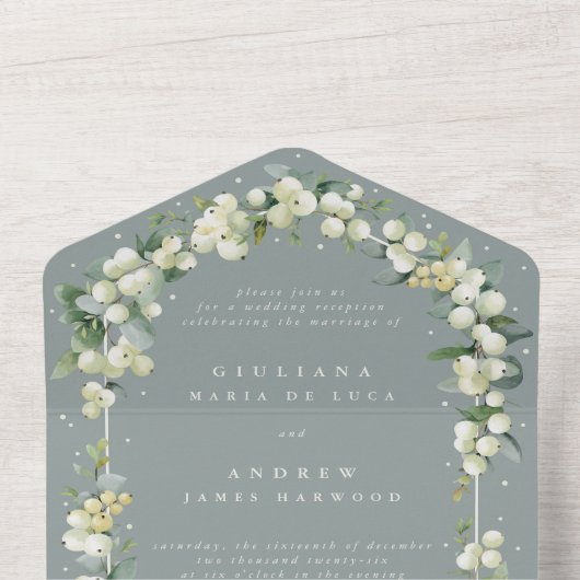 Groene Snowberry + Eucalyptus bruiloft alleen rece All In One Uitnodiging (Binnenkant top)