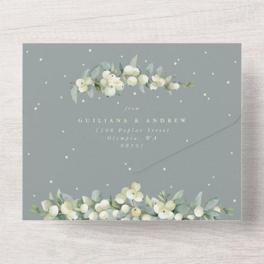 Groene Snowberry + Eucalyptus bruiloft alleen rece All In One Uitnodiging (Achterkant)