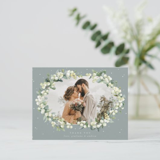 Groene Snowberry+Eucalyptus Bruiloft Dank u Foto Briefkaart (Staand voorkant)