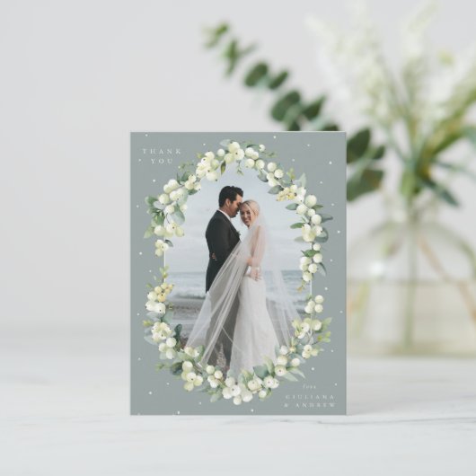 Groene Snowberry+Eucalyptus Bruiloft Dank u Foto Briefkaart (Staand voorkant)