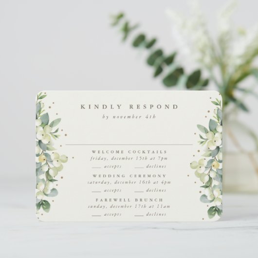 Groene Snowberry+Eucalyptus Bruiloft Multi-Event RSVP Kaartje (Staand voorkant)