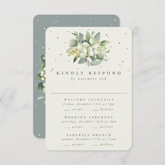 Groene Snowberry+Eucalyptus Bruiloft Multi-Event RSVP Kaartje (Voorkant / Achterkant)