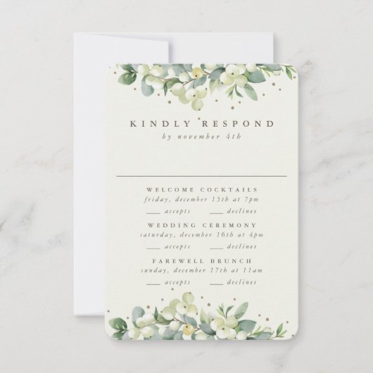 Groene Snowberry+Eucalyptus Bruiloft Multi-Event RSVP Kaartje (Voorkant)