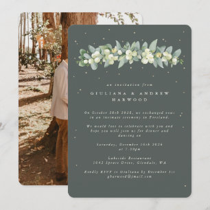 Groene Snowberry+Eucalyptus Bruiloft Receptie Foto Kaart