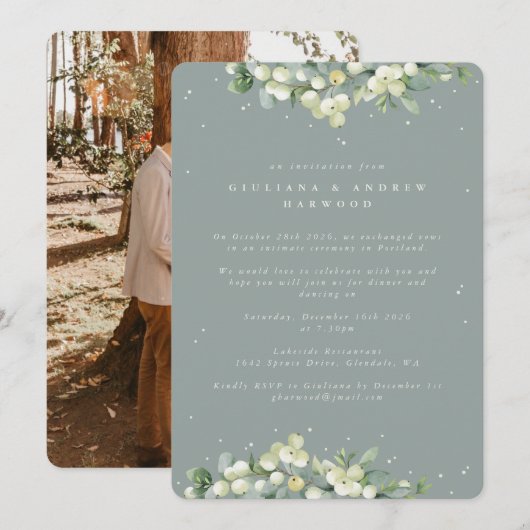 Groene Snowberry+Eucalyptus Bruiloft Receptie Foto Kaart (Voorkant / Achterkant)