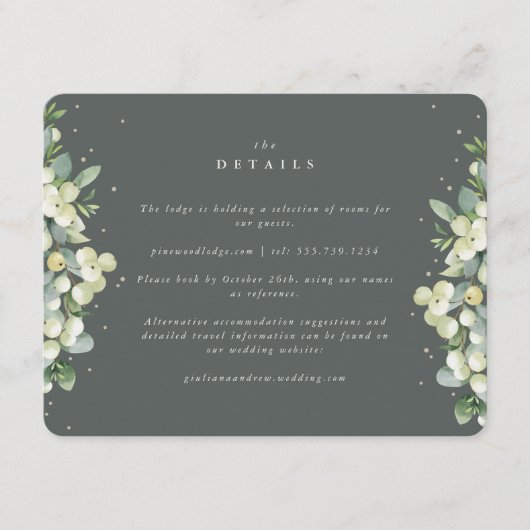 Groene Snowberry+Eucalyptus Edged Bruiloft Details Informatiekaartje (Voorkant)