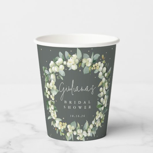 Groene Snowberry+Eucalyptus krans Vrijgezellenfees Papieren Bekers (Achterkant)
