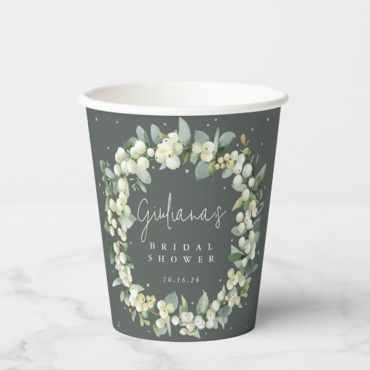 Groene Snowberry+Eucalyptus krans Vrijgezellenfees Papieren Bekers (Voorkant)