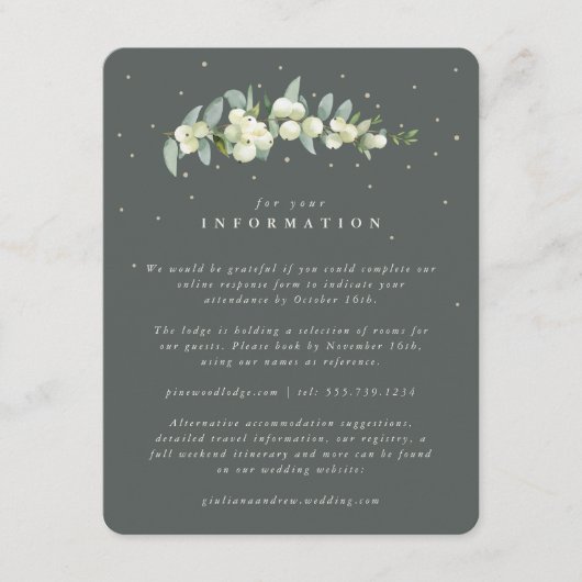 Groene Snowberry+Eucalyptus Stambruiloft Details Informatiekaartje (Voorkant)