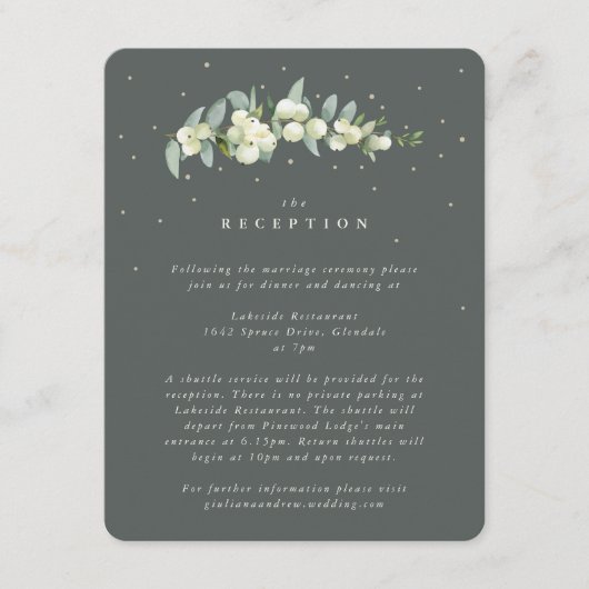 Groene Snowberry+Eucalyptus Stambruiloft Receptie Informatiekaartje (Voorkant)