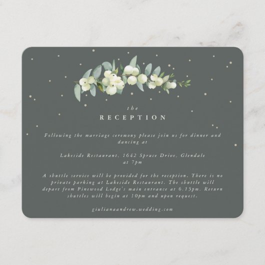 Groene Snowberry+Eucalyptus Stambruiloft Receptie Informatiekaartje (Voorkant)