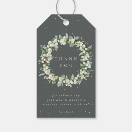 Groene Snowberry+Eucalyptus Trouwdouche Bedankt Cadeaulabel (Voorkant)