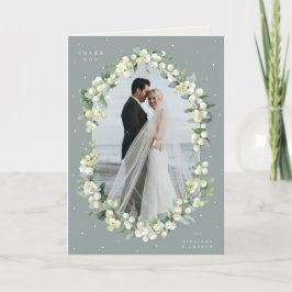 Groene Snowberry + Eucalyptus trouwfoto gevouwen Bedankkaart