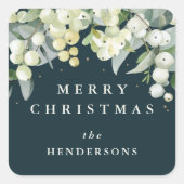 Groene Snowberry+Eucalyptus Vrolijk Kerstfeest/Aan Vierkante Sticker (Voorkant)