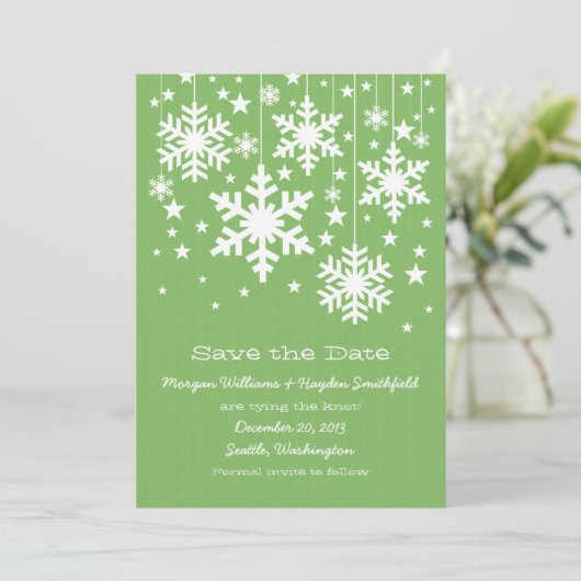 Groene Snowflakes en sterren sparen de Datum uitno Save The Date (Staand voorkant)