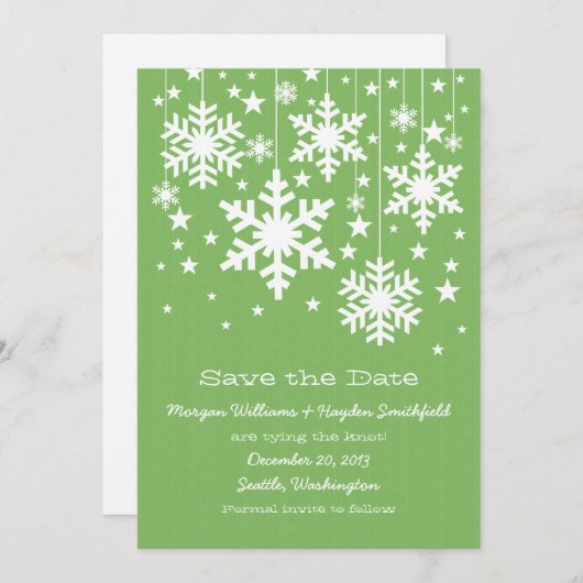 Groene Snowflakes en sterren sparen de Datum uitno Save The Date (Voorkant / Achterkant)