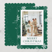 Groene Snowy Merry Christmas Snowflake Foto Feestdagenkaart (Voorkant / Achterkant)