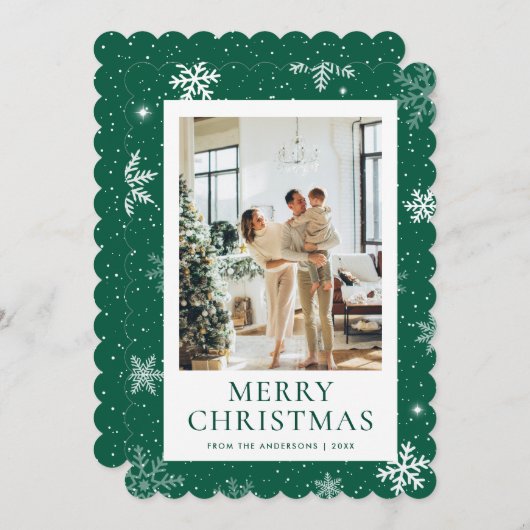 Groene Snowy Merry Christmas Snowflake Foto Feestdagenkaart (Voorkant / Achterkant)