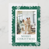 Groene Snowy Merry Christmas Snowflake Foto Feestdagenkaart (Voorkant)