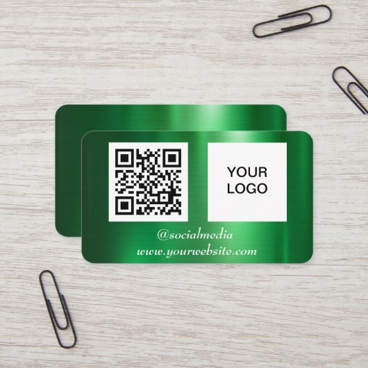Groene Sociale Media QR Code Professioneel Metalli Visitekaartje (Voorkant / Achterkant in situ)