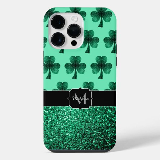 Groene Sparkles Shamrock St. Patrick' Day Monogram iPhone Hoesje (Achterkant)