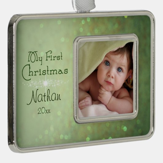 Groene Sparkly Baby's Eerste Kerstmis Verzilverd Omlijst Ornament (Rechts)