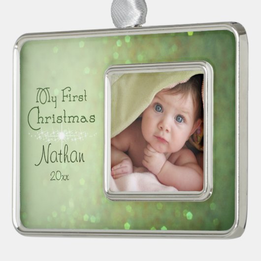 Groene Sparkly Baby's Eerste Kerstmis Verzilverd Omlijst Ornament (Links)