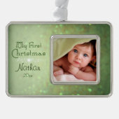 Groene Sparkly Baby's Eerste Kerstmis Verzilverd Omlijst Ornament (Voorkant)