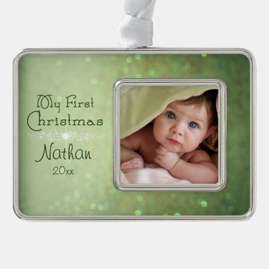 Groene Sparkly Baby's Eerste Kerstmis Verzilverd Omlijst Ornament (Voorkant)