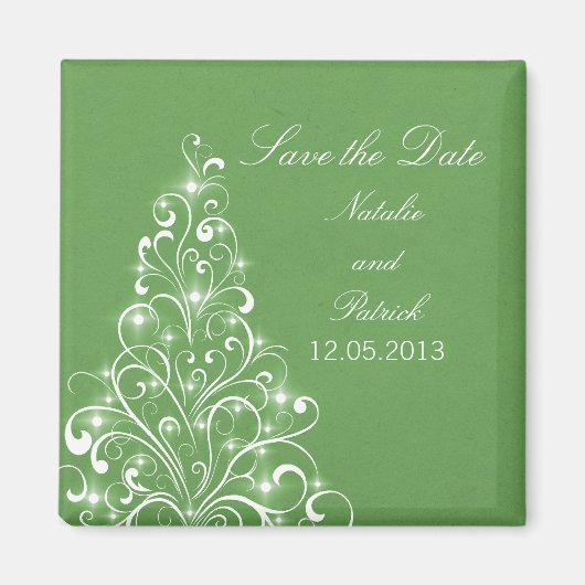 Groene Sparkly Holiday Tree Save the Date Magnet (Voorkant)