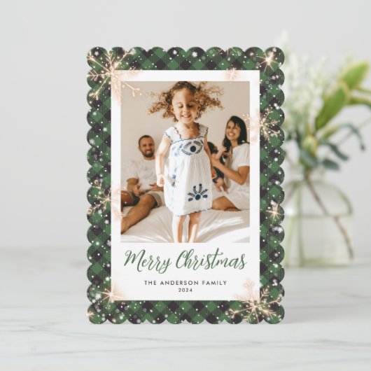 Groene Sparkly Sneeuwvlokken Foto Vrolijk Kerstmis Feestdagenkaart (Staand voorkant)