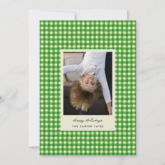 Groene speelse met de hand getekende geruite foto feestdagenkaart (Voorkant)