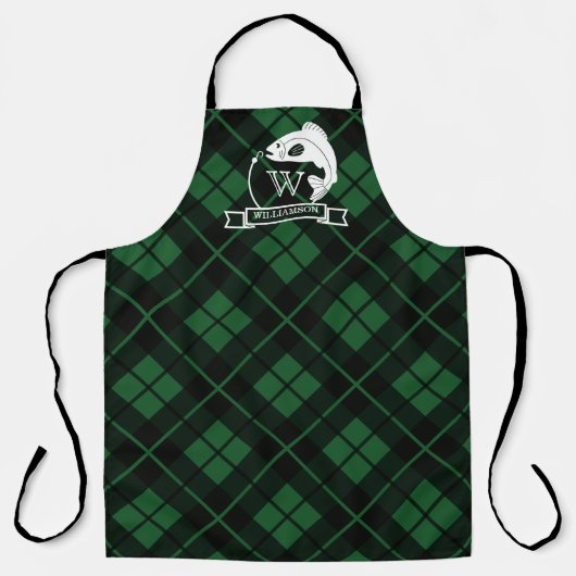 Groene speldenvis en haak-monogram schort (Voorkant)