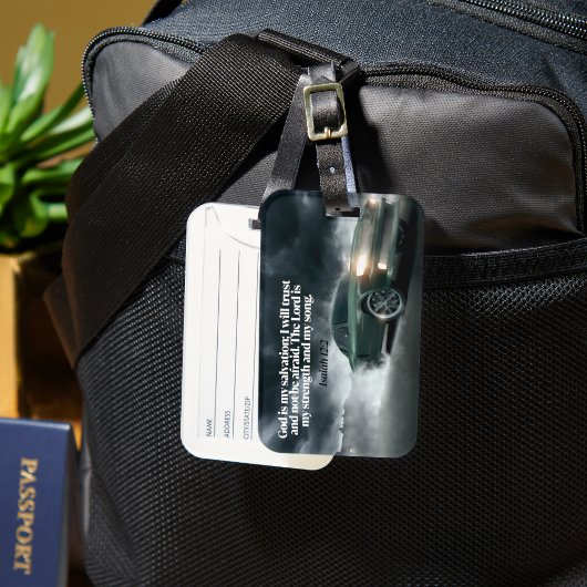 Groene Spier Auto Burn-out Met Jesaja 12:2 Vers Bagagelabel