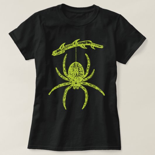 Groene spin die van Tak T-shirt hangt (Design voorkant)