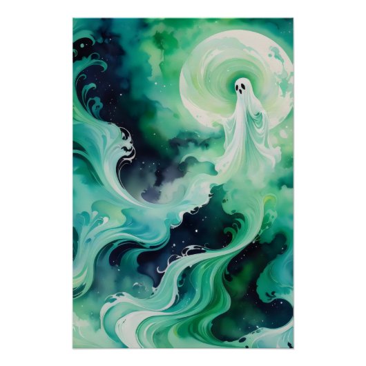 Groene spookachtige figuur met maan perfect poster (Voorkant)