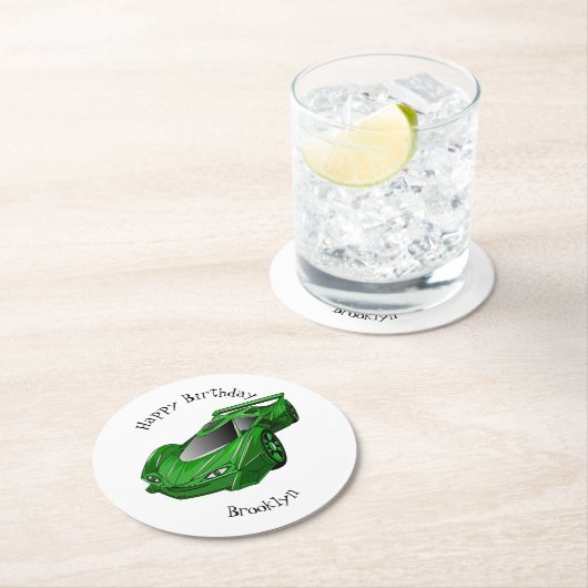 Groene sportwagen met luchtfolie ronde kartonnen onderzetter (Insitu)