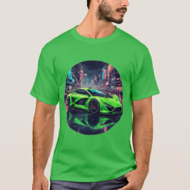 Groene sportwagen op Rainy Neon Street T-shirt
