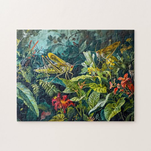 Groene sprinkhanen in een kruidentuin illustratie legpuzzel (Horizontaal)