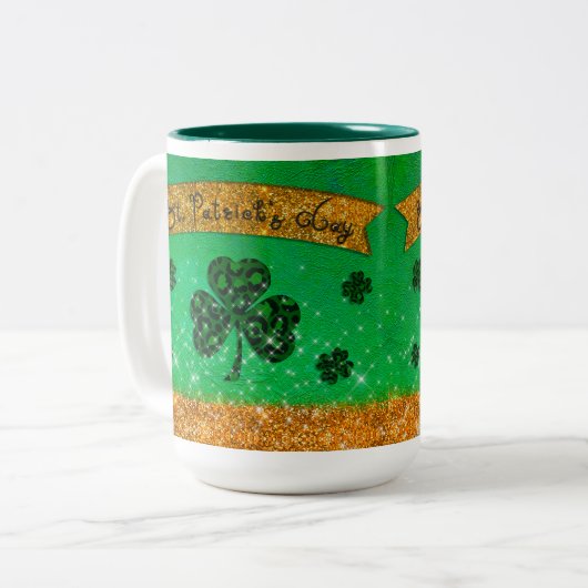 Groene St. Patrick's Day met Shamrock en Glitter Tweekleurige Koffiemok (Voorkant links)