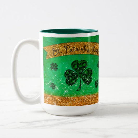 Groene St. Patrick's Day met Shamrock en Glitter Tweekleurige Koffiemok (Links)