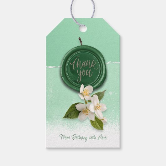 Groene Stempel met Witte Bloemen Dank U Cadeaulabel (Voorkant)