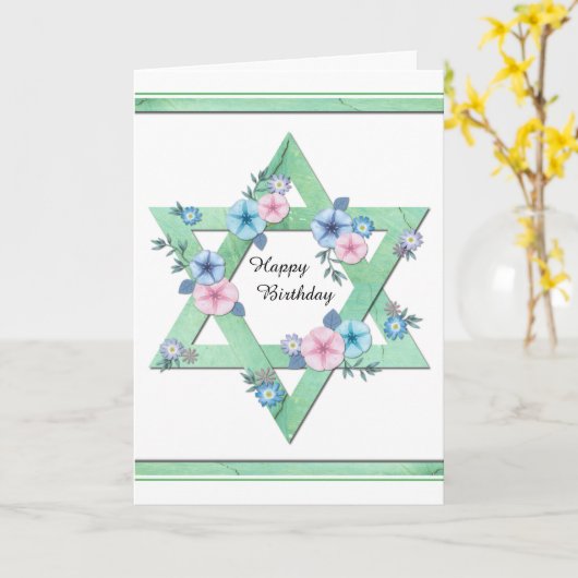Groene ster van David met Blauwe en Roze Bloemen Kaart (Gele Bloem)