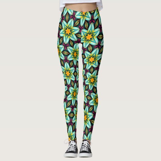 Groene sterren Bloemenpatroon Leggings (Voorkant)